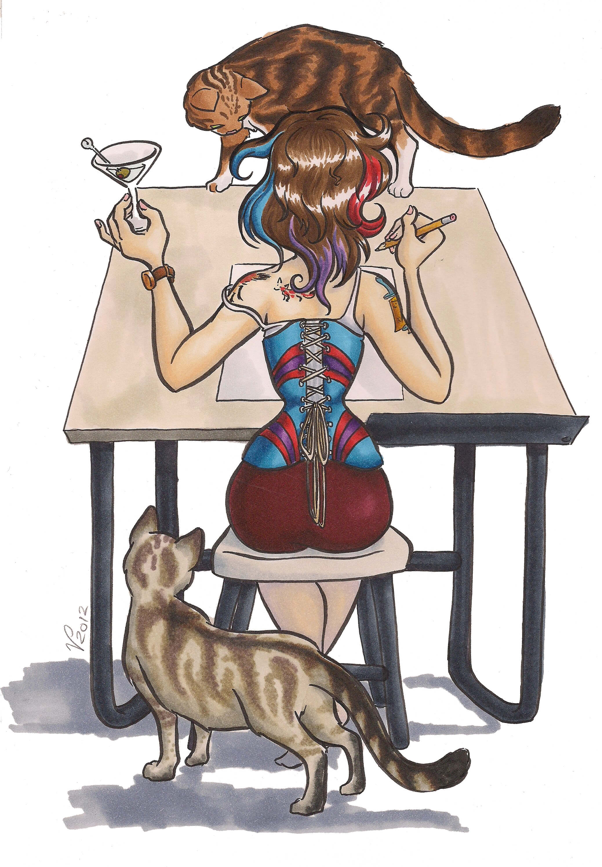 Illustration of Victoria Panos working at her drawing desk